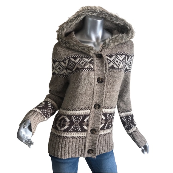 St. John Bay M Alpaca Blend Knit Cardigan Sweater Faux Fur Hoodie Button Down - Picture 2 of 14